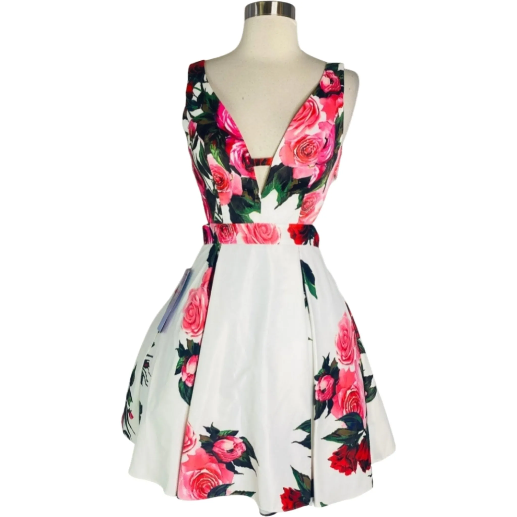 JVN BY JOVANI 65166 White Print Floral Print A-Line Short Dress Size 2 NWT