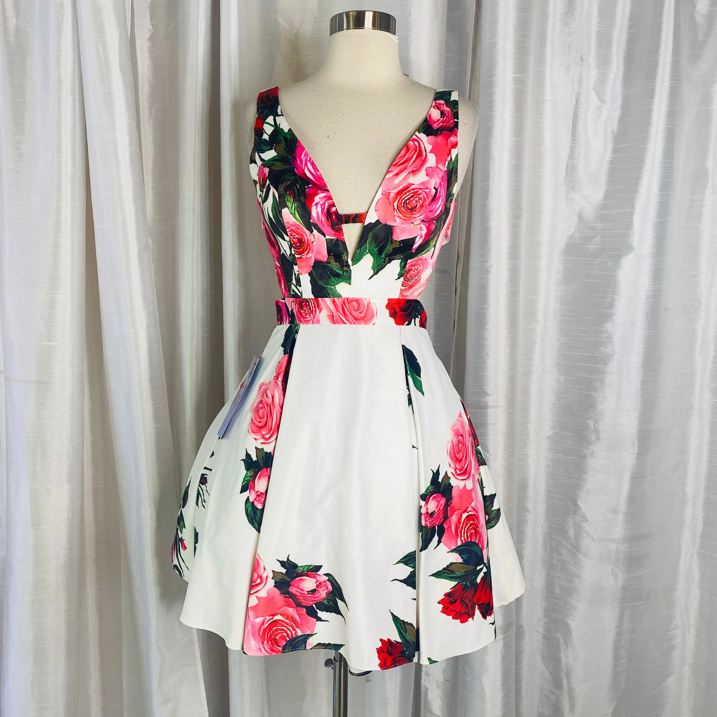 JVN BY JOVANI 65166 White Print Floral Print A-Line Short Dress Size 2 NWT
