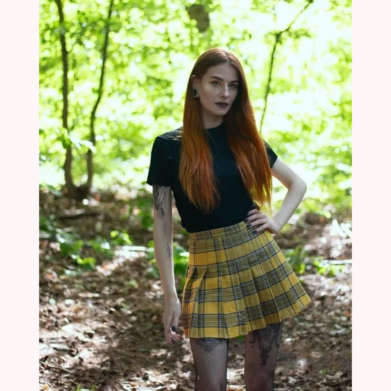 [@kerolweber] "XS-5XL PLUS SIZE YELLOW/BLACK PLAID" PLEATED SKIRT K110804REVIEW