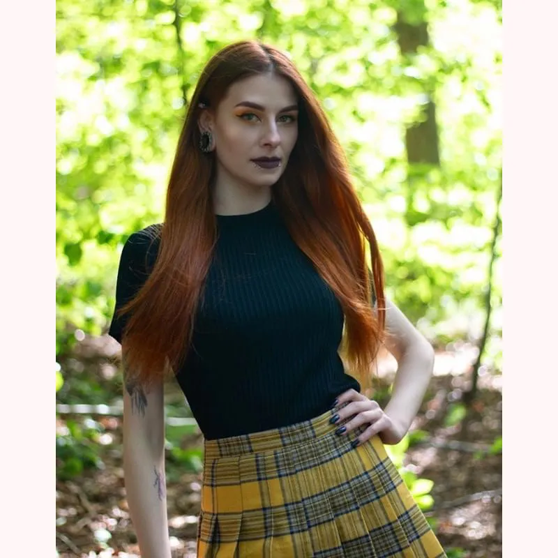 [@kerolweber] "XS-5XL PLUS SIZE YELLOW/BLACK PLAID" PLEATED SKIRT K110804REVIEW