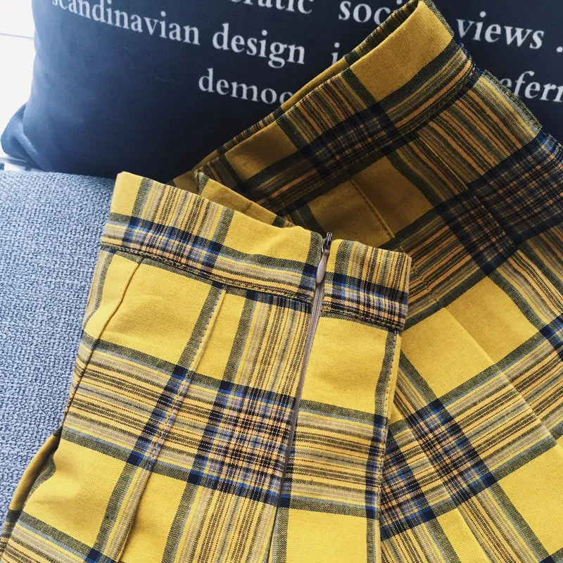 [@kerolweber] "XS-5XL PLUS SIZE YELLOW/BLACK PLAID" PLEATED SKIRT K110804REVIEW