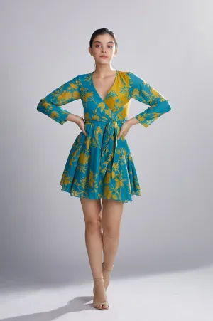 Koai   I   Blue And Mustard Dual Floral Wrap Dress