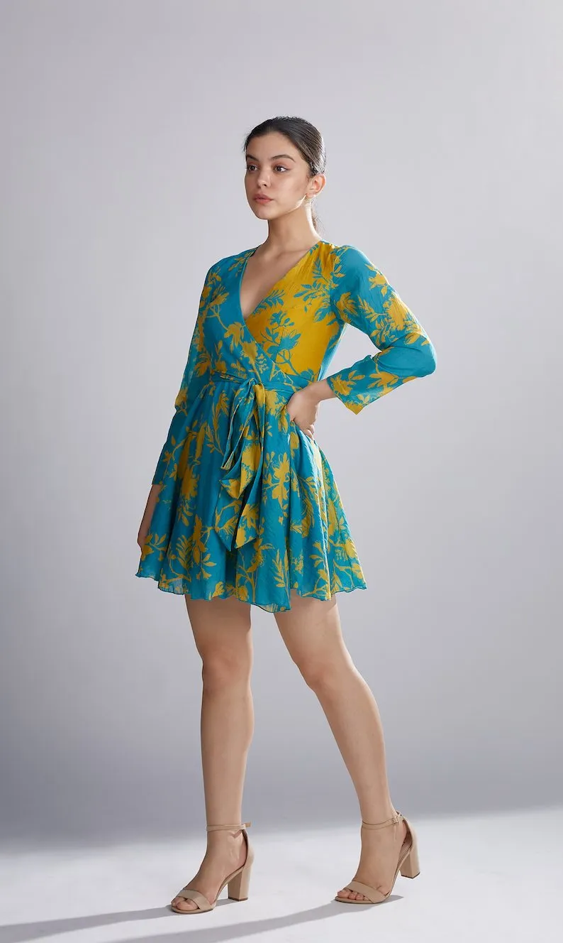 Koai   I   Blue And Mustard Dual Floral Wrap Dress
