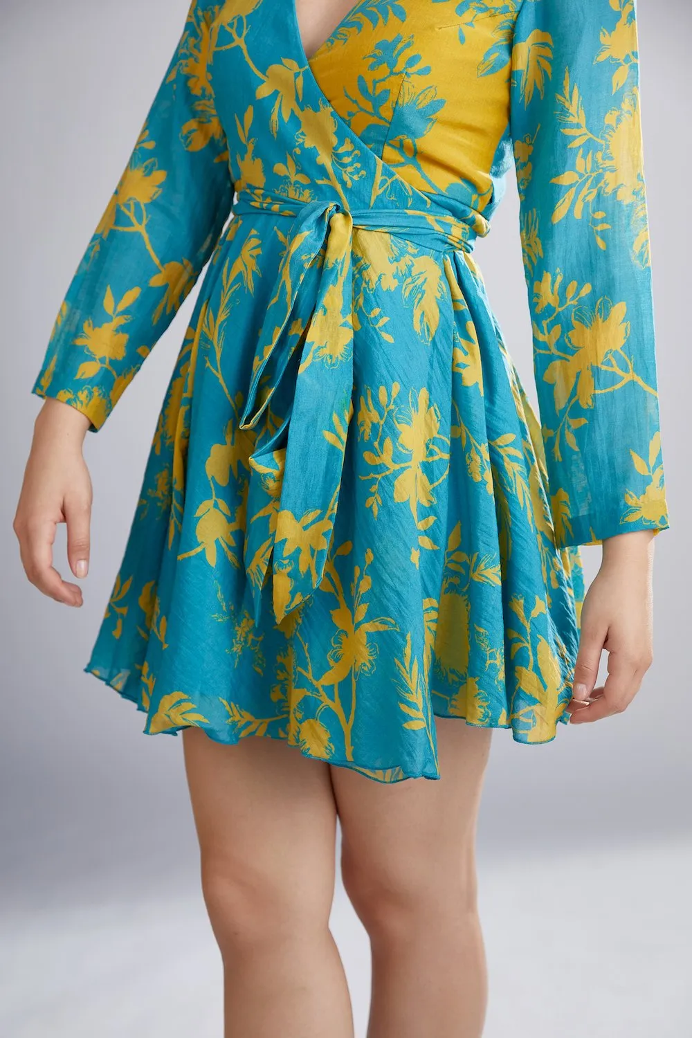Koai   I   Blue And Mustard Dual Floral Wrap Dress