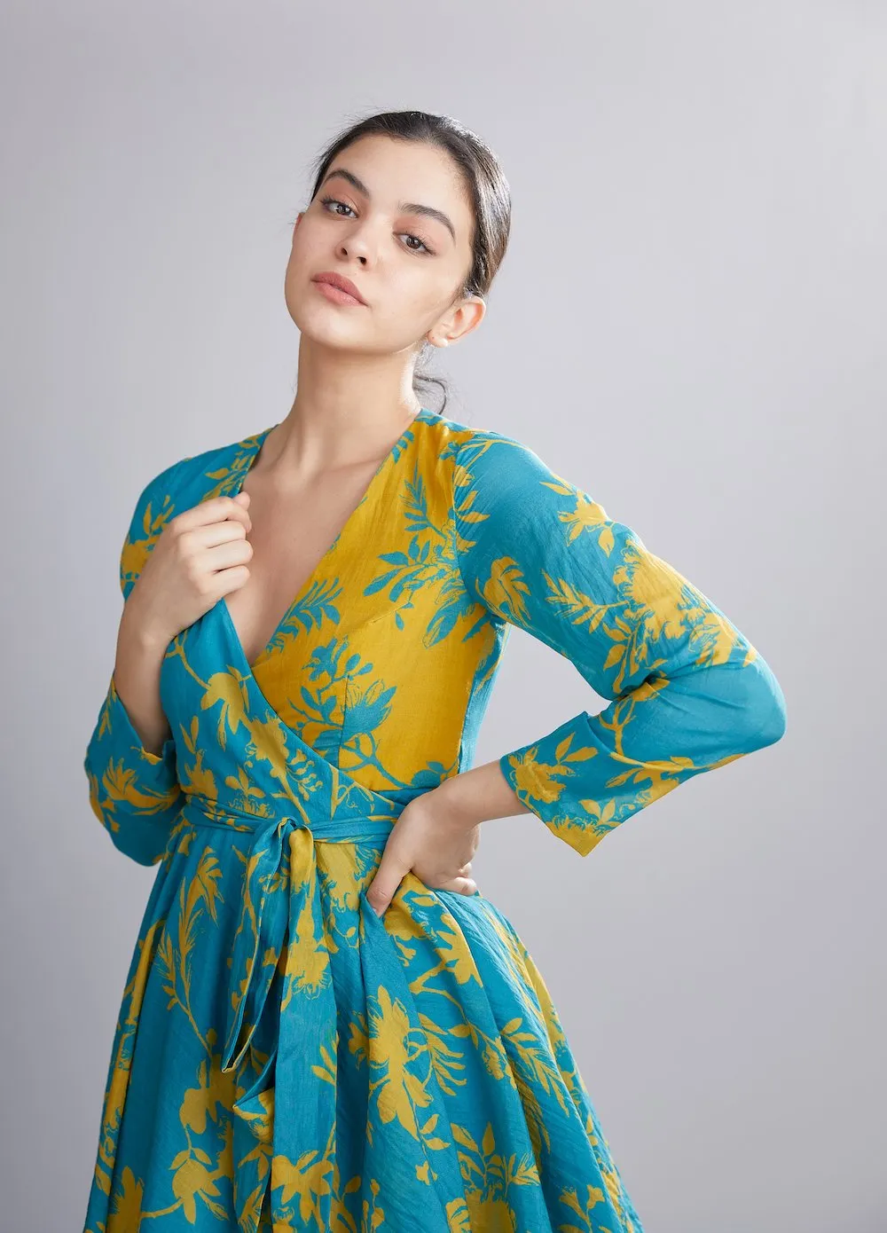 Koai   I   Blue And Mustard Dual Floral Wrap Dress