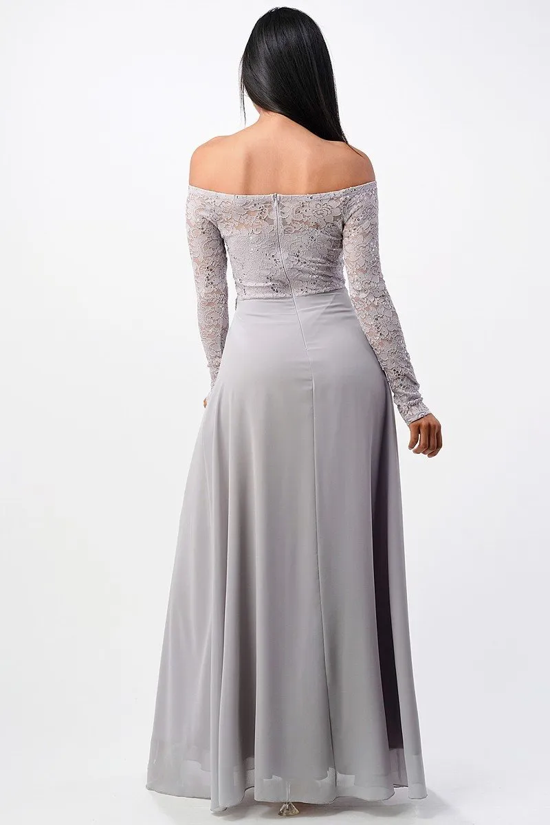 La Scala 25418 Plus Size Long Sleeved Lace Bodice A-Line Long Dress