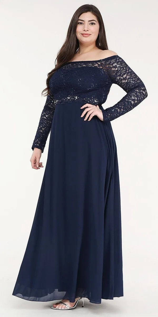 La Scala 25418 Plus Size Long Sleeved Lace Bodice A-Line Long Dress