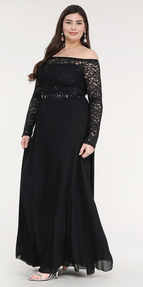 La Scala 25418 Plus Size Long Sleeved Lace Bodice A-Line Long Dress