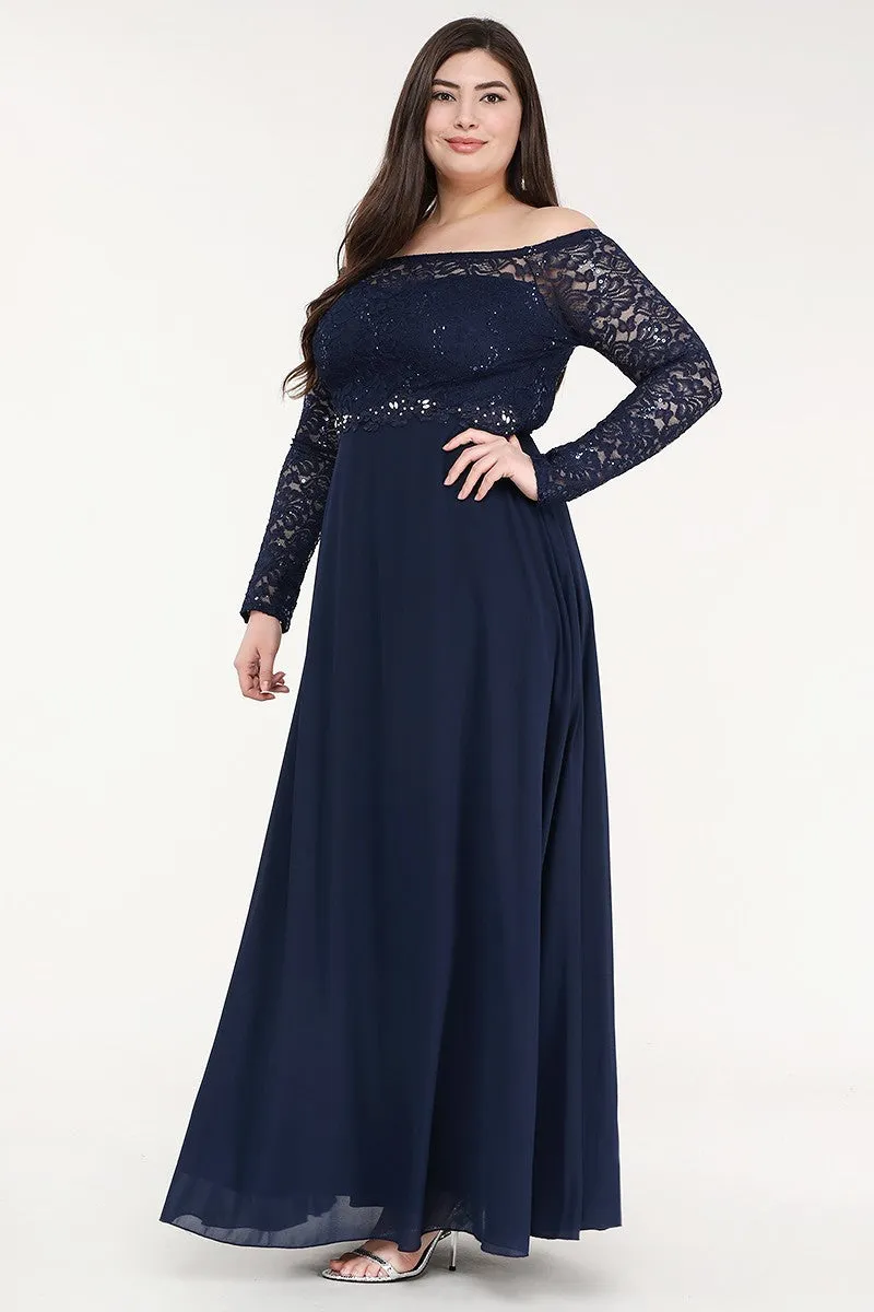 La Scala 25418 Plus Size Long Sleeved Lace Bodice A-Line Long Dress