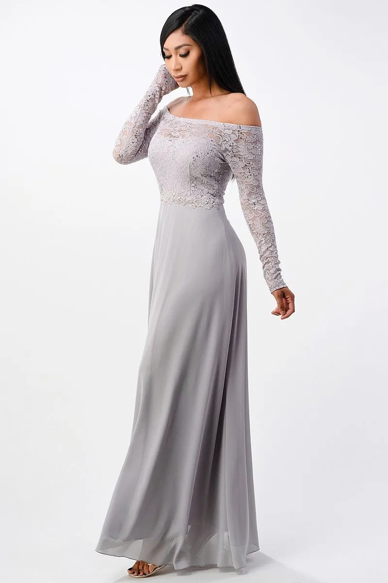 La Scala 25418 Plus Size Long Sleeved Lace Bodice A-Line Long Dress
