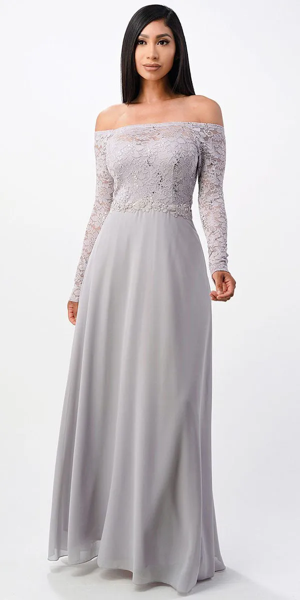 La Scala 25418 Plus Size Long Sleeved Lace Bodice A-Line Long Dress