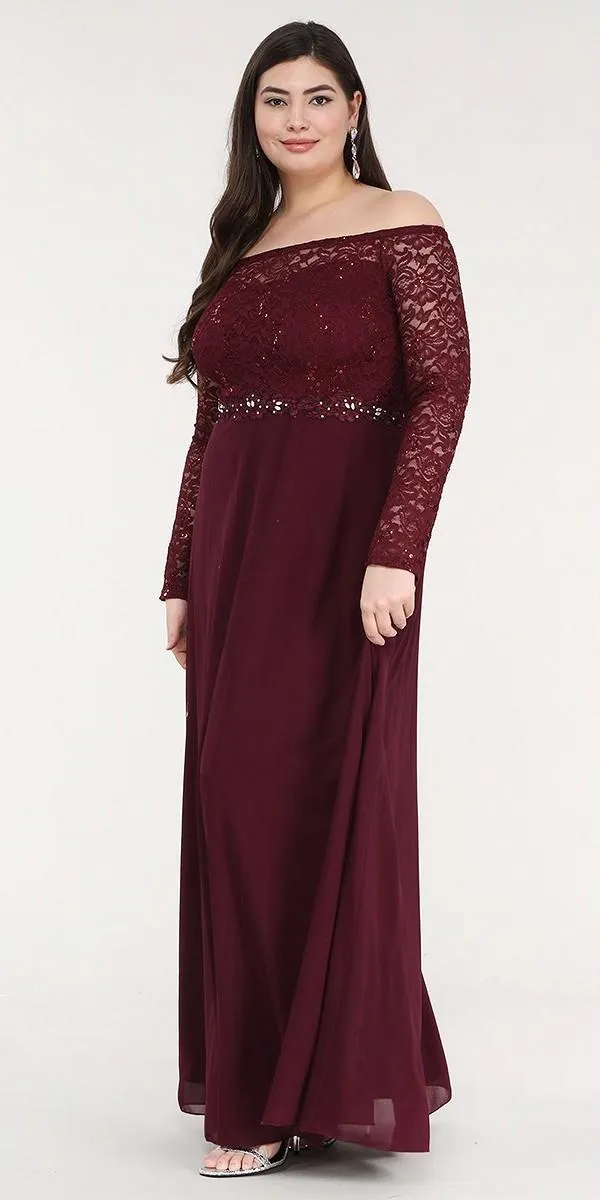 La Scala 25418 Plus Size Long Sleeved Lace Bodice A-Line Long Dress