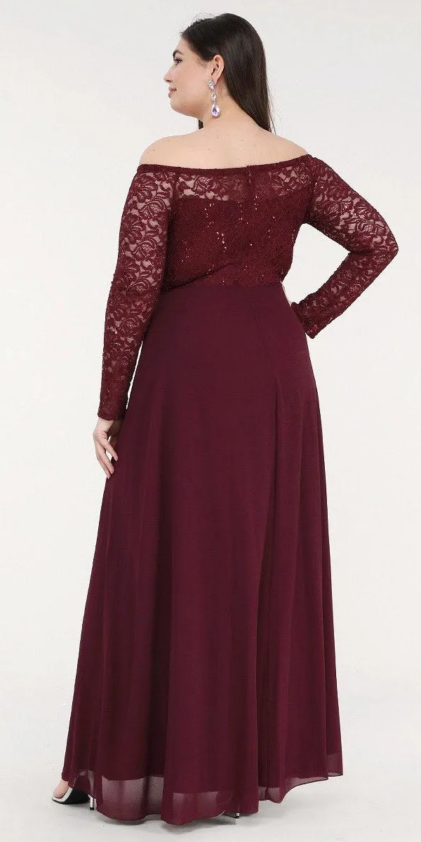 La Scala 25418 Plus Size Long Sleeved Lace Bodice A-Line Long Dress