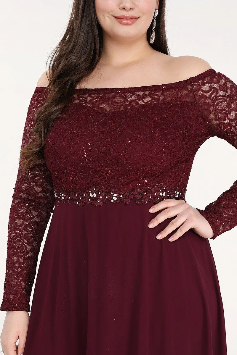 La Scala 25418 Plus Size Long Sleeved Lace Bodice A-Line Long Dress