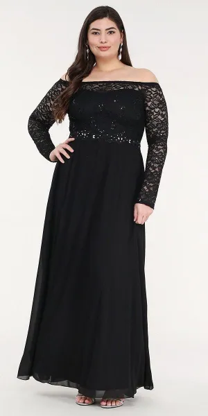 La Scala 25418 Plus Size Long Sleeved Lace Bodice A-Line Long Dress