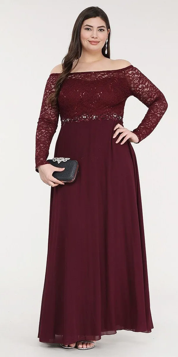 La Scala 25418 Plus Size Long Sleeved Lace Bodice A-Line Long Dress