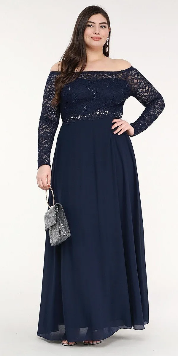 La Scala 25418 Plus Size Long Sleeved Lace Bodice A-Line Long Dress