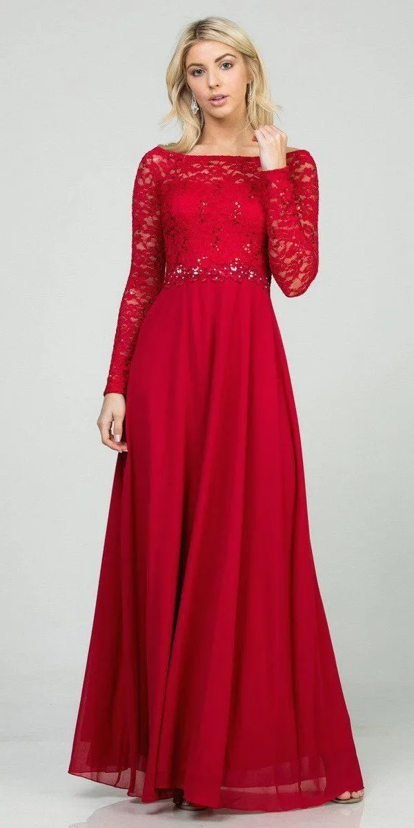 La Scala 25418 Plus Size Long Sleeved Lace Bodice A-Line Long Dress