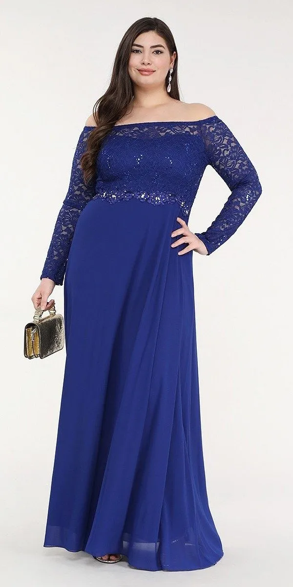 La Scala 25418 Plus Size Long Sleeved Lace Bodice A-Line Long Dress