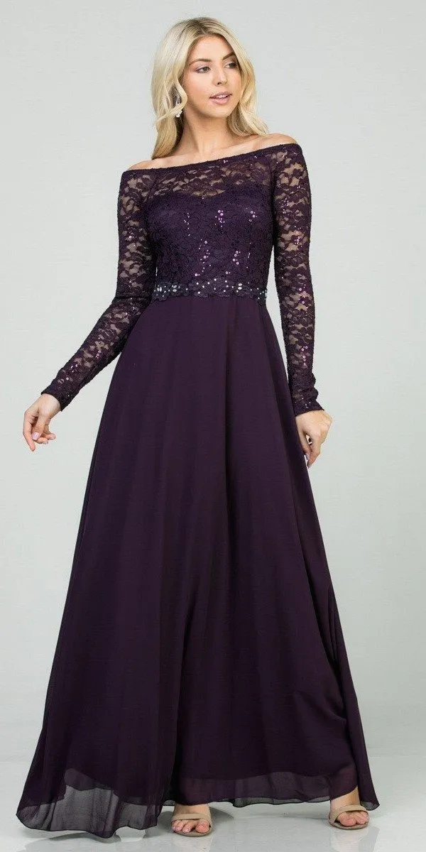 La Scala 25418 Plus Size Long Sleeved Lace Bodice A-Line Long Dress