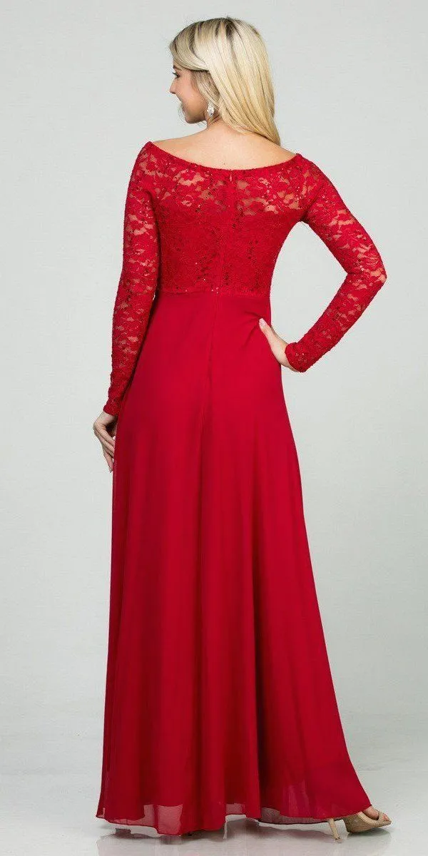 La Scala 25418 Plus Size Long Sleeved Lace Bodice A-Line Long Dress
