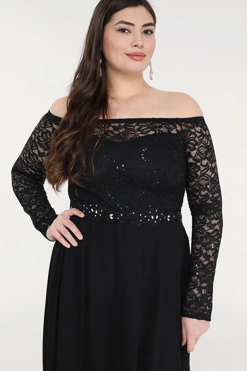 La Scala 25418 Plus Size Long Sleeved Lace Bodice A-Line Long Dress