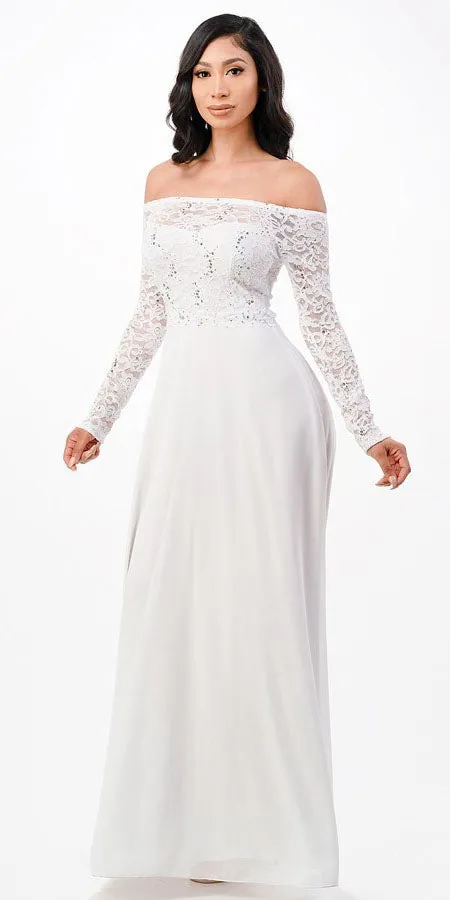 La Scala 25418 Plus Size Long Sleeved Lace Bodice A-Line Long Dress