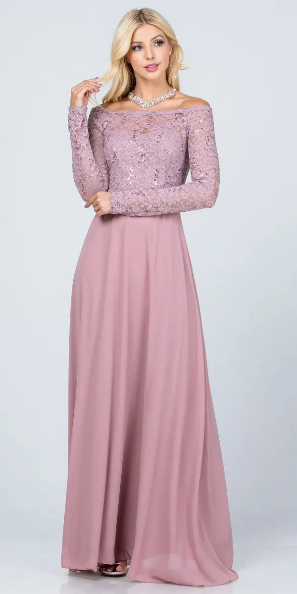 La Scala 25418 Plus Size Long Sleeved Lace Bodice A-Line Long Dress