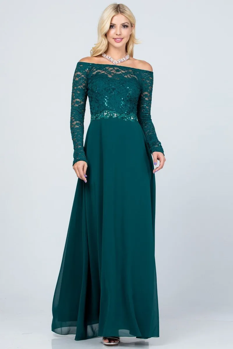 La Scala 25418 Plus Size Long Sleeved Lace Bodice A-Line Long Dress