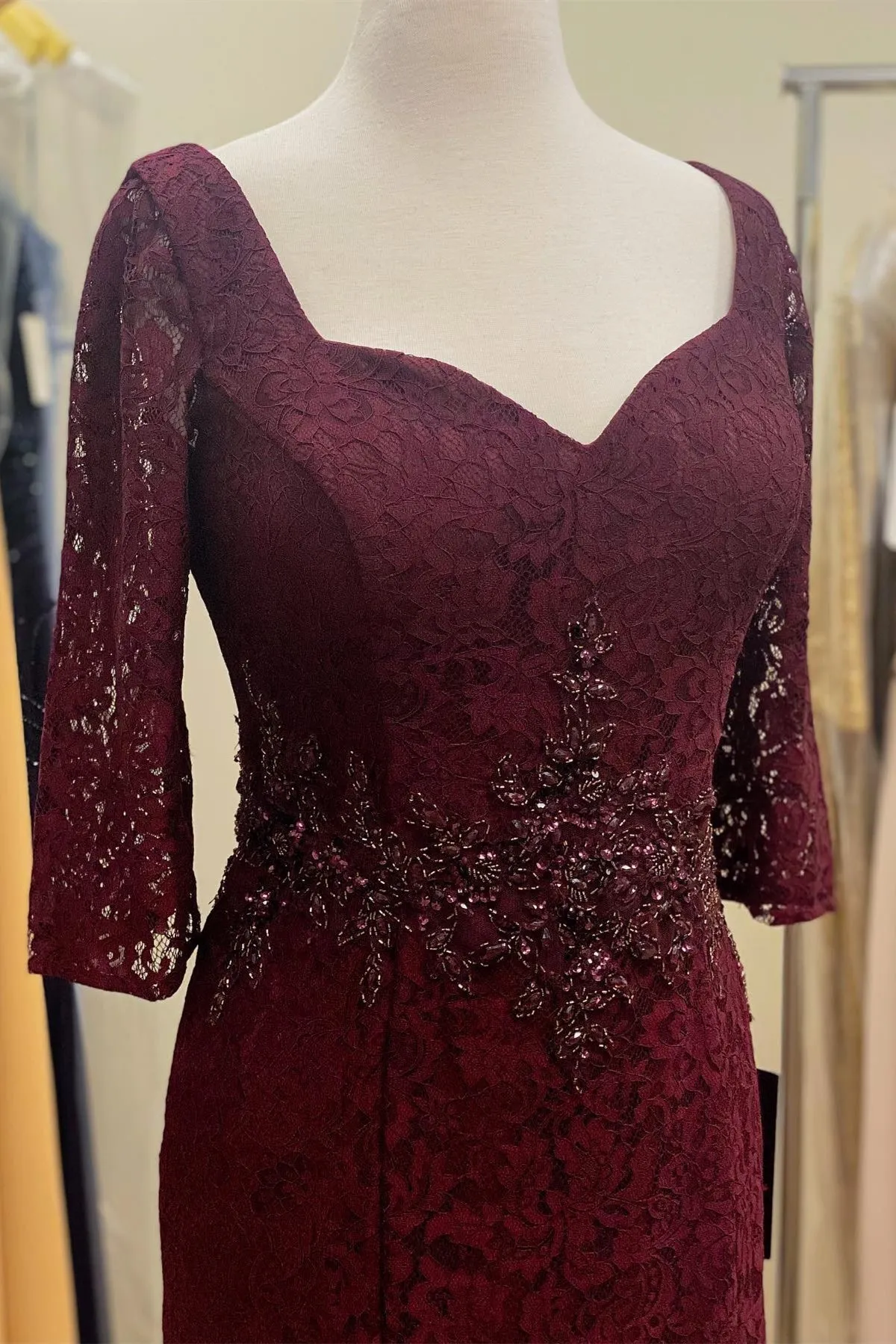 Lace Burgundy Beaded Waist Long Mother of Bride Dress with Sleeves