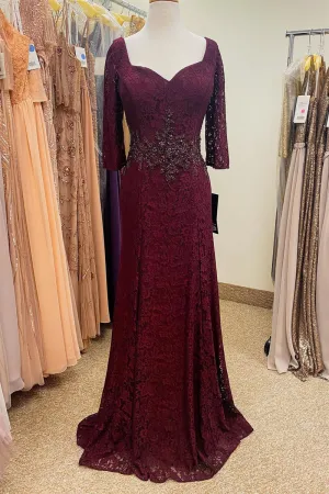 Lace Burgundy Beaded Waist Long Mother of Bride Dress with Sleeves
