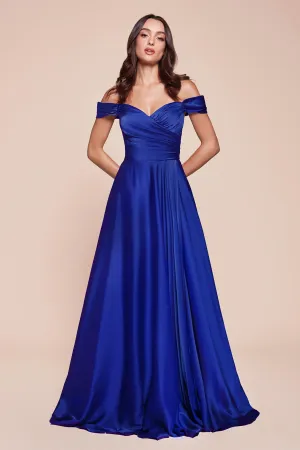 Ladivine 7493 Long A-Line Satin Off the Shoulder Dress