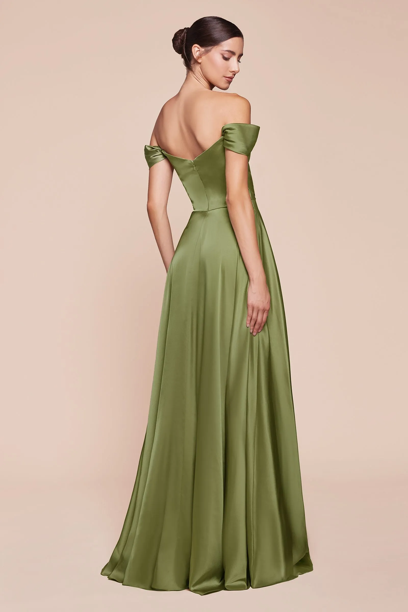 Ladivine 7493 Long A-Line Satin Off the Shoulder Dress