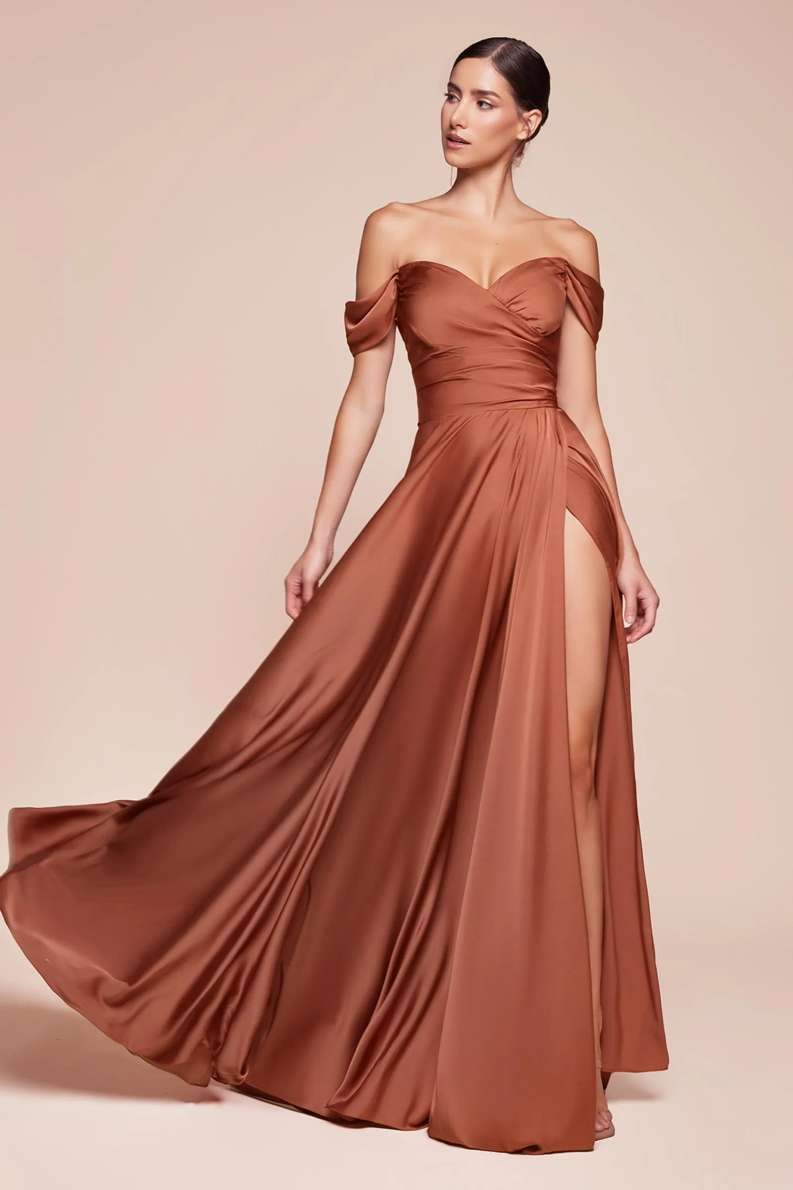 Ladivine 7493 Long A-Line Satin Off the Shoulder Dress