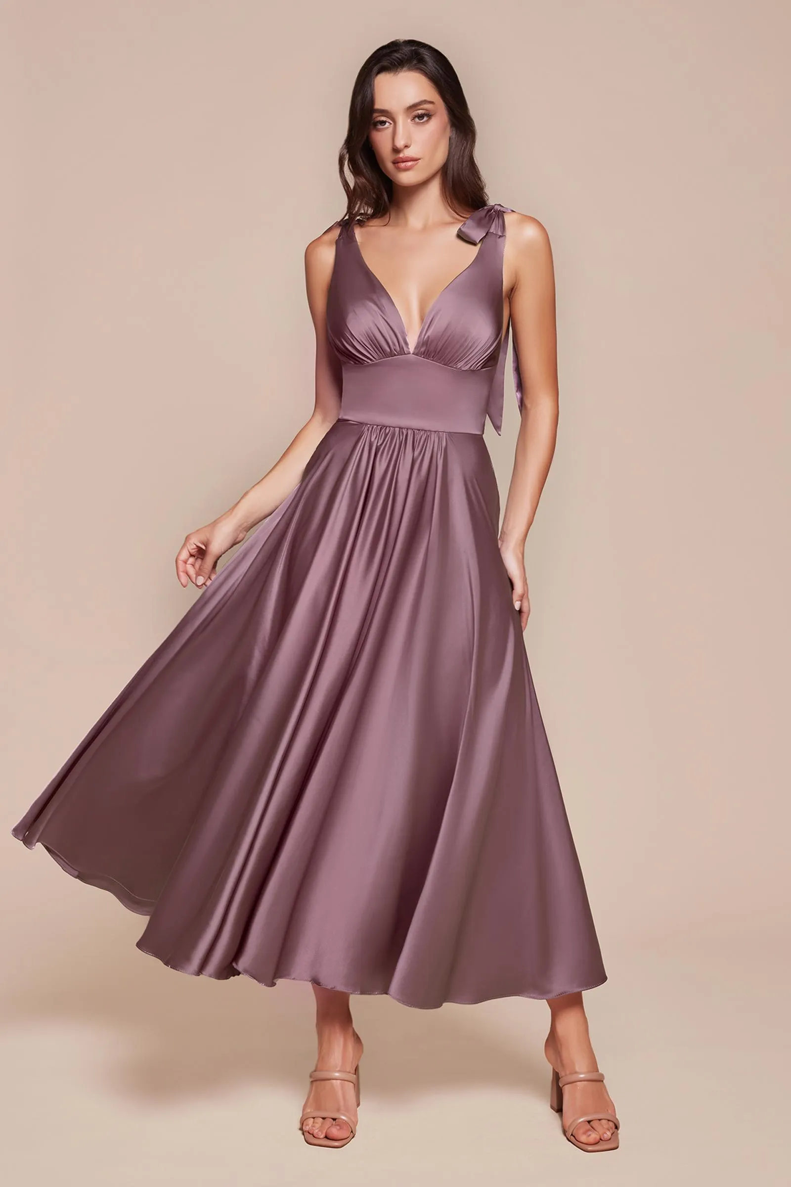 Ladivine 7499 Dress Tea Length Satin A-Line Dress