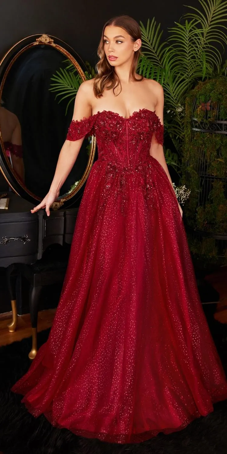 Ladivine CD0198 Long Lace A-Line Gown with Off the Shoulder Sleeves