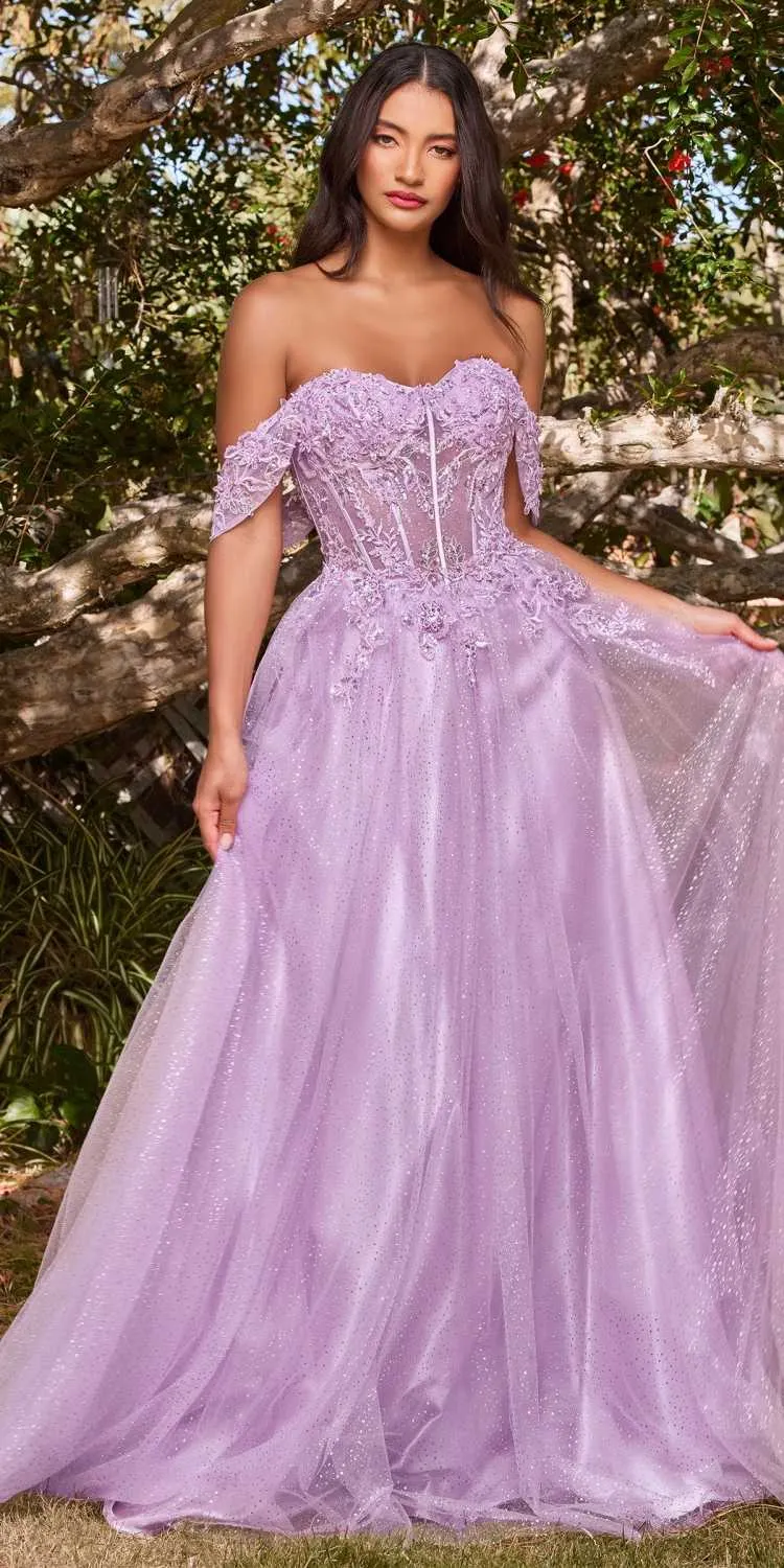 Ladivine CD0198 Long Lace A-Line Gown with Off the Shoulder Sleeves