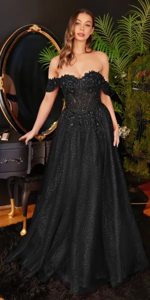 Ladivine CD0198 Long Lace A-Line Gown with Off the Shoulder Sleeves