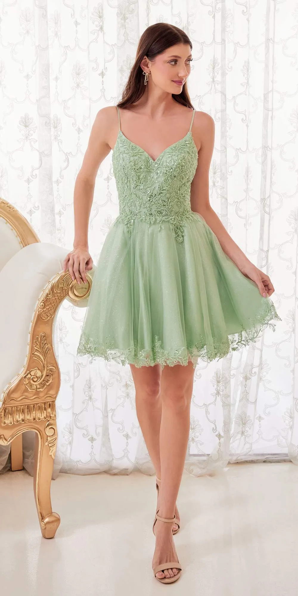 Ladivine CD0213 Short A-Line and Glitter Tulle Dress