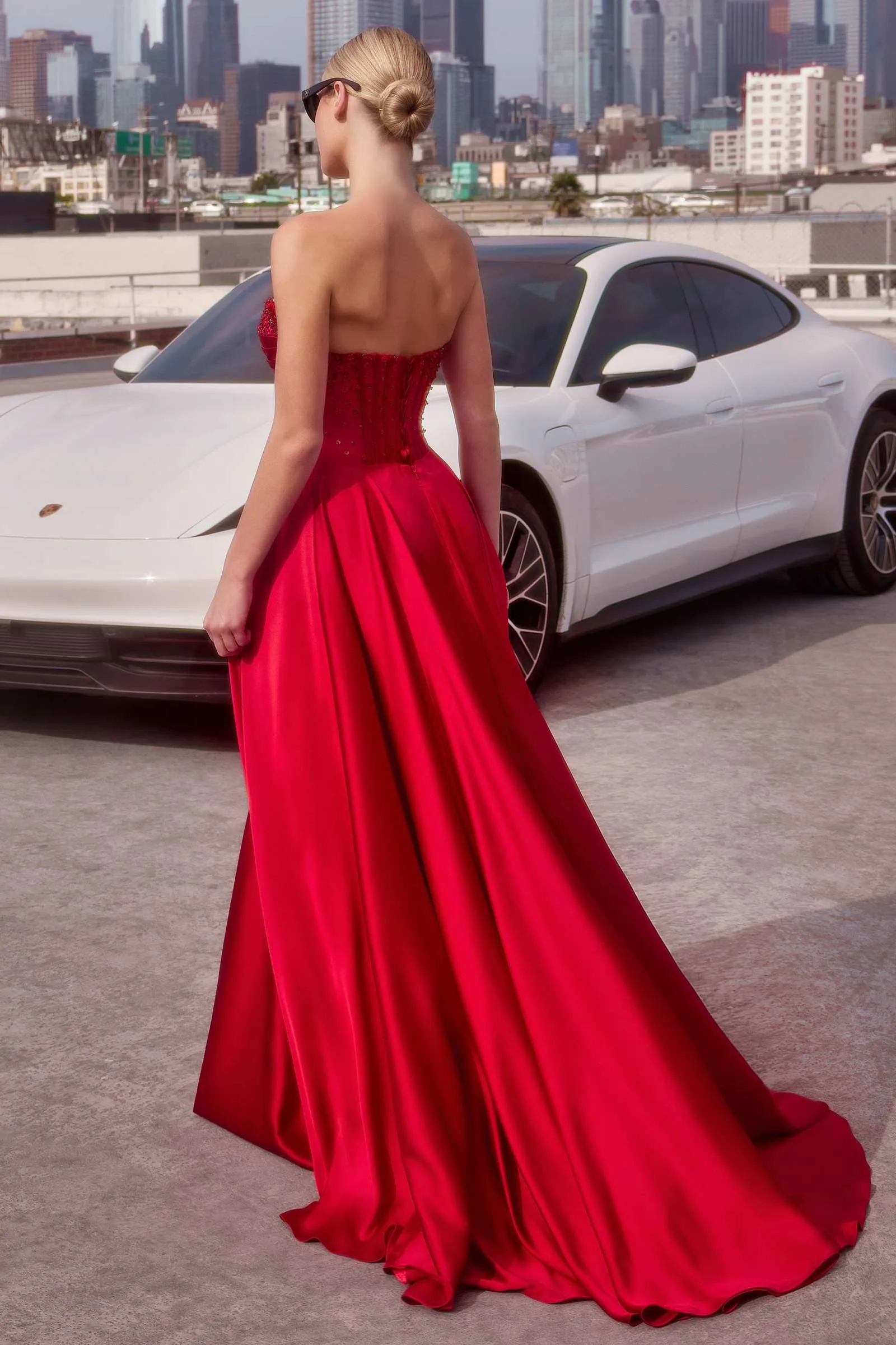 Ladivine CD297 Dress Strapless Beaded Satin A-Line Prom Gown
