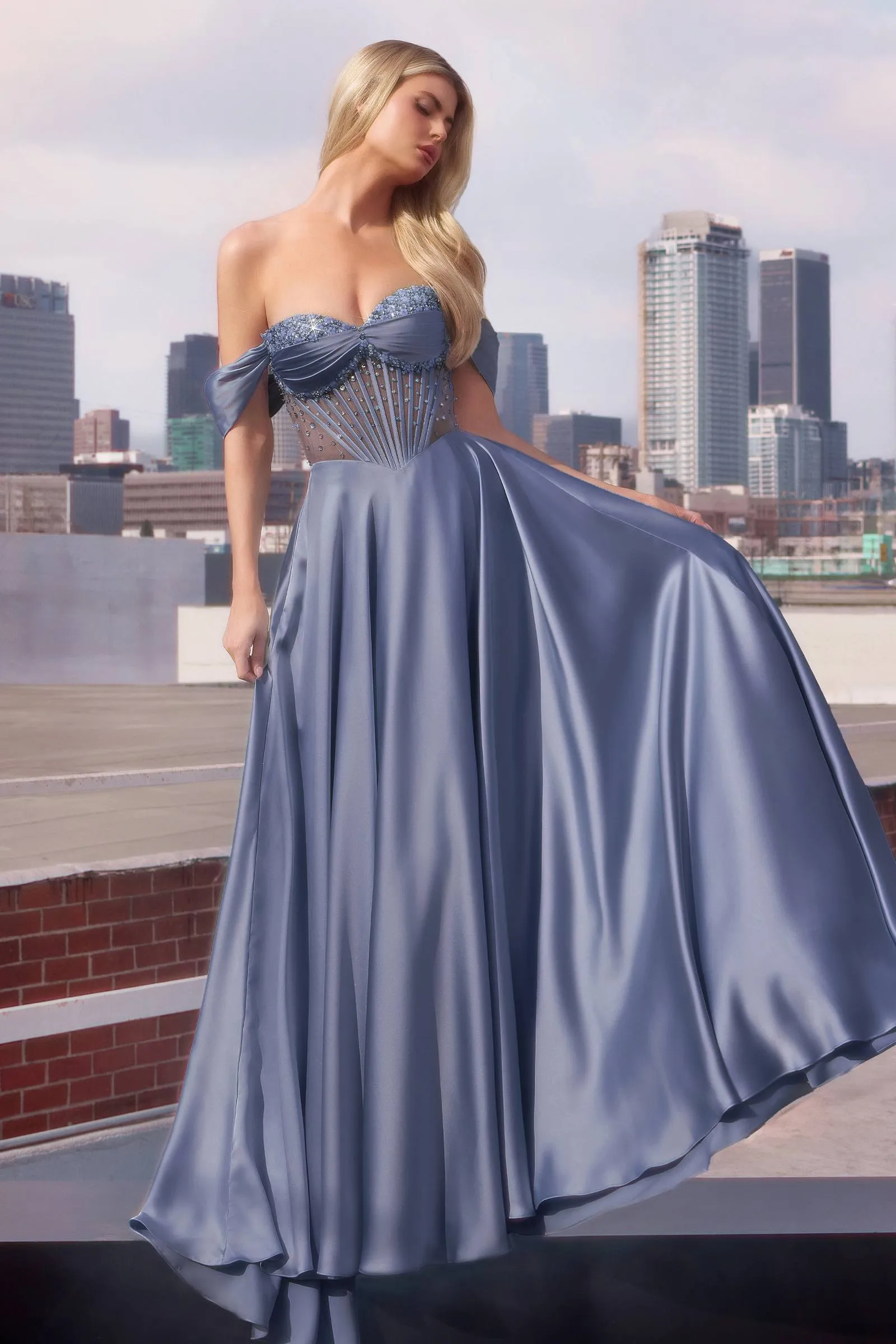 Ladivine CD297 Dress Strapless Beaded Satin A-Line Prom Gown