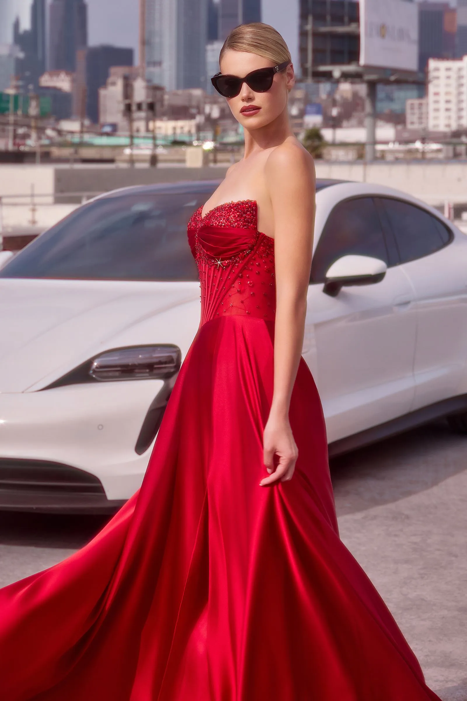 Ladivine CD297 Dress Strapless Beaded Satin A-Line Prom Gown
