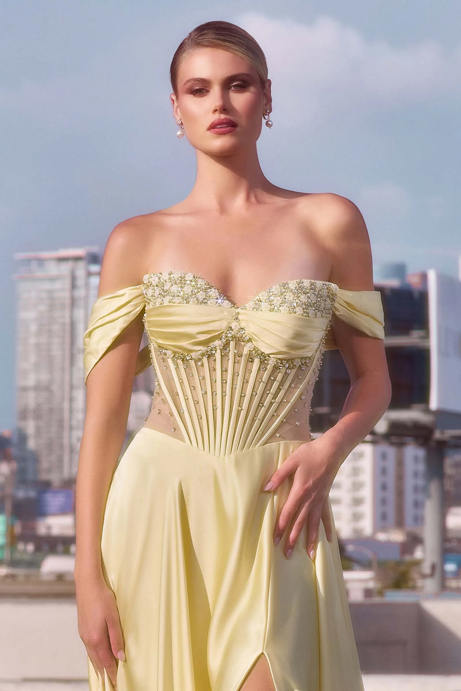 Ladivine CD297 Dress Strapless Beaded Satin A-Line Prom Gown
