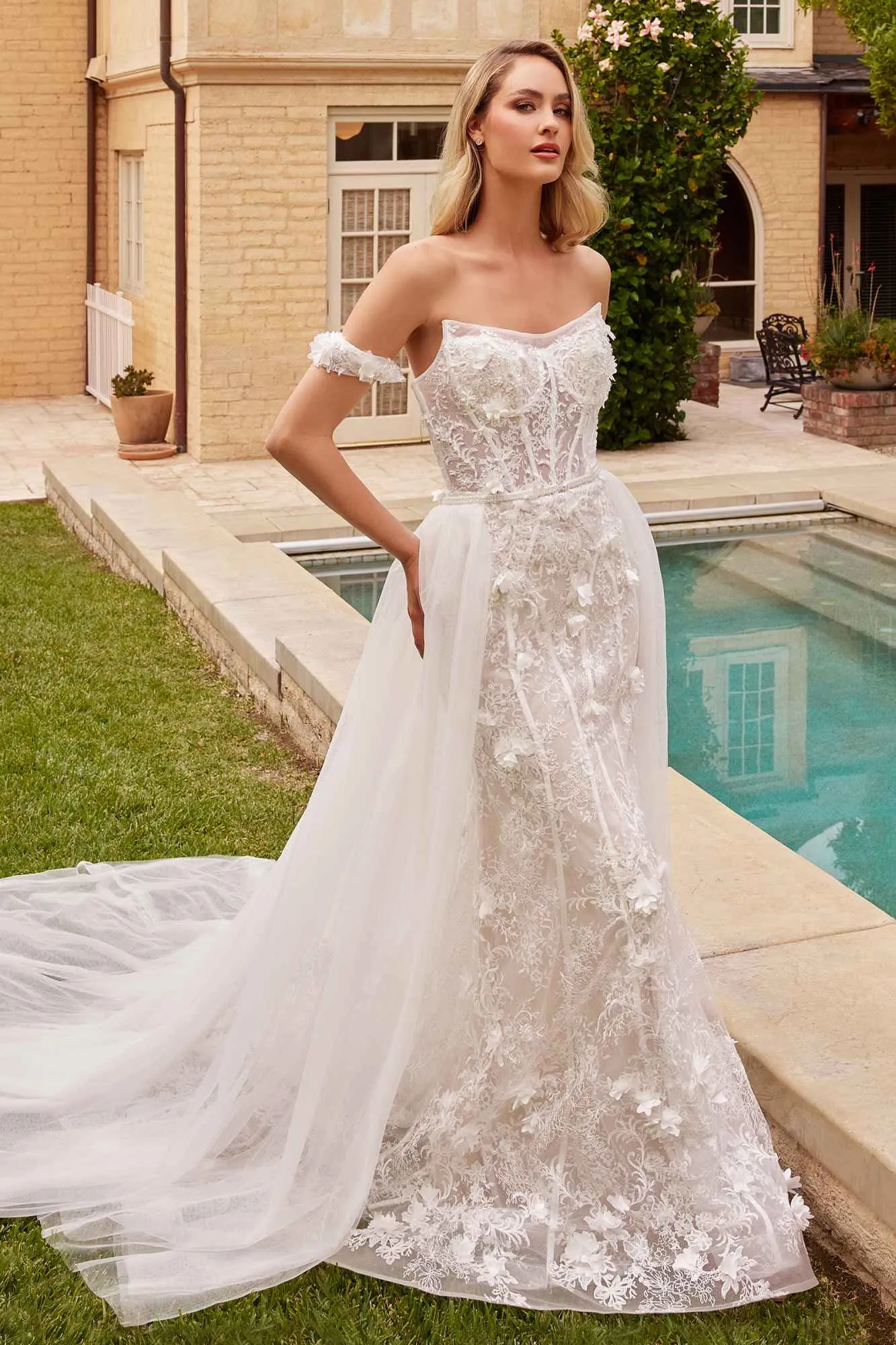 Ladivine CD861W Long Fit and Flare Bridal Gown Removable Overskirt