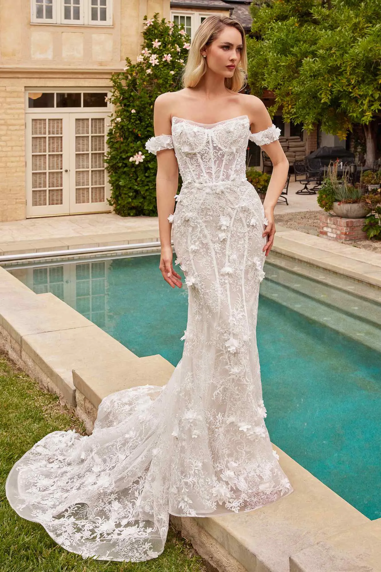 Ladivine CD861W Long Fit and Flare Bridal Gown Removable Overskirt