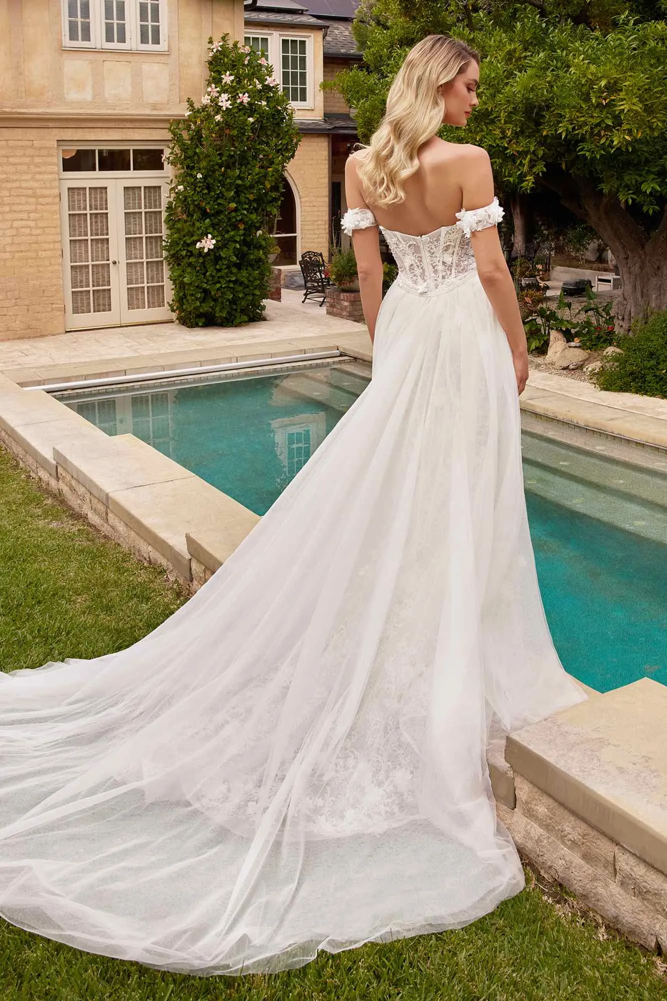 Ladivine CD861W Long Fit and Flare Bridal Gown Removable Overskirt