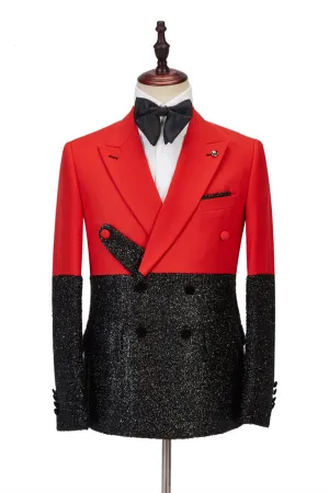 Latest Peak Lapel Bright Red Classy Sparkle Black Designer Men's Suit