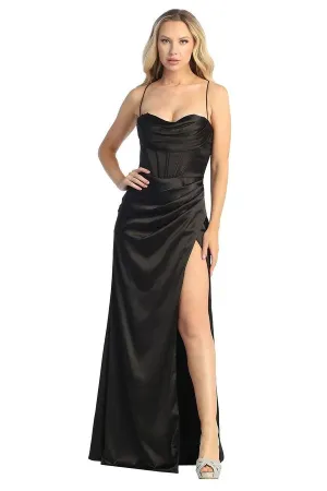 LF 7854 - Stretch Satin Fit & Flare Prom Gown with Boned Cowl Neck Bodice Open Corset Back & Leg Slit