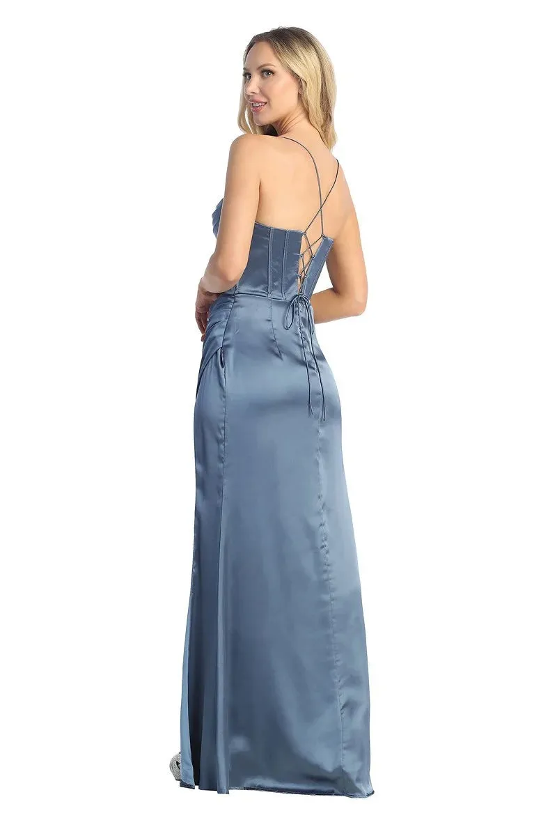 LF 7854 - Stretch Satin Fit & Flare Prom Gown with Boned Cowl Neck Bodice Open Corset Back & Leg Slit