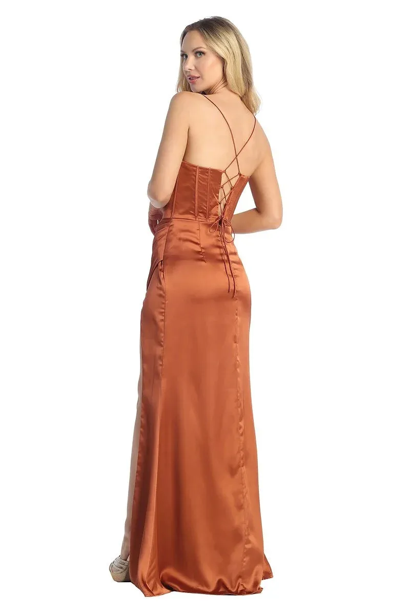 LF 7854 - Stretch Satin Fit & Flare Prom Gown with Boned Cowl Neck Bodice Open Corset Back & Leg Slit